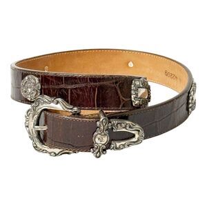 Vtg 1993 Brighton Med Brown Croc Emboss Leather Belt Silver Rodeo 42209 Western